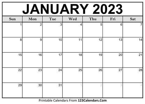 Printable January 2023 Calendar Templates - 123Calendars.com