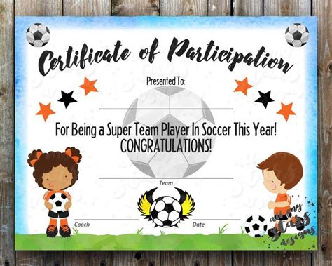 Printable Soccer Participation Certificate Sports Award INSTANT DOWNLOAD PDF With Fillable ...