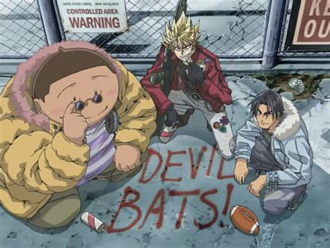 Original Devil Bats! Kurita, Hiruma, and Musashi from Eyeshield 21 | Sports anime, Anime dvd, Anime