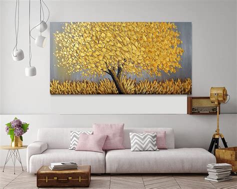 Buy Thick Textured Gold Tree Oil Paintings Abstract Gold Wall Decor Handmade Paintings 3D ...