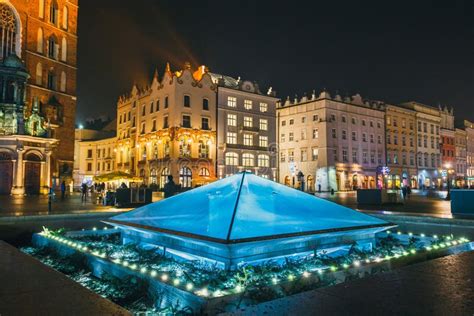 Fountain at Night on Main Square of Krakow City, Poland Editorial Image ...