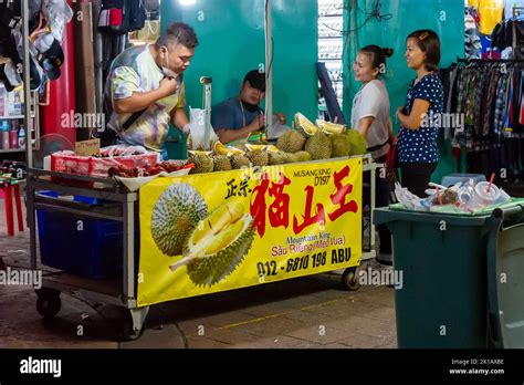 Selling Durian Fruit at Petaling Street night market, Chinatown, Kuala Lumpur, Malaysia Stock ...