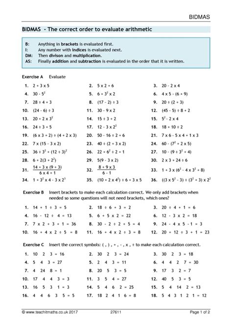 bodmas interactive worksheet - bidmas worksheet bodmas order of ...