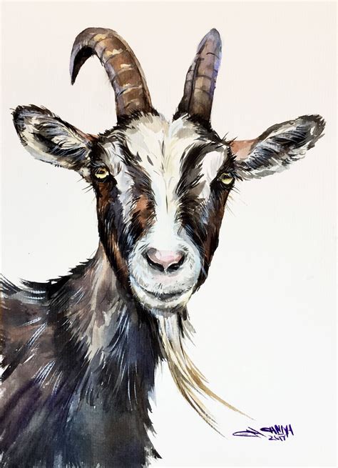 Goat faced portrait, goat art, farm animal portrait, goat decor ORIGINAL WATERCOLOR PAINTING by ...