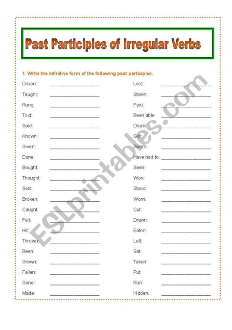 Irregular Verbs: Past Participle forms - ESL worksheet by cbarghini