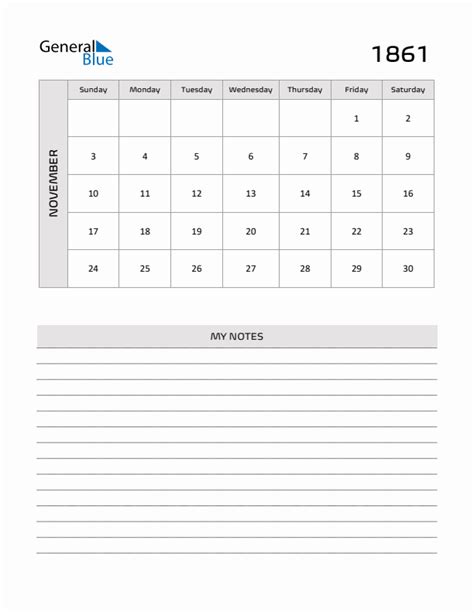 November 1861 Monthly Calendar (PDF, Word, Excel)