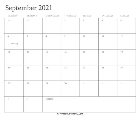 September 2021 Calendar Printable with Holidays