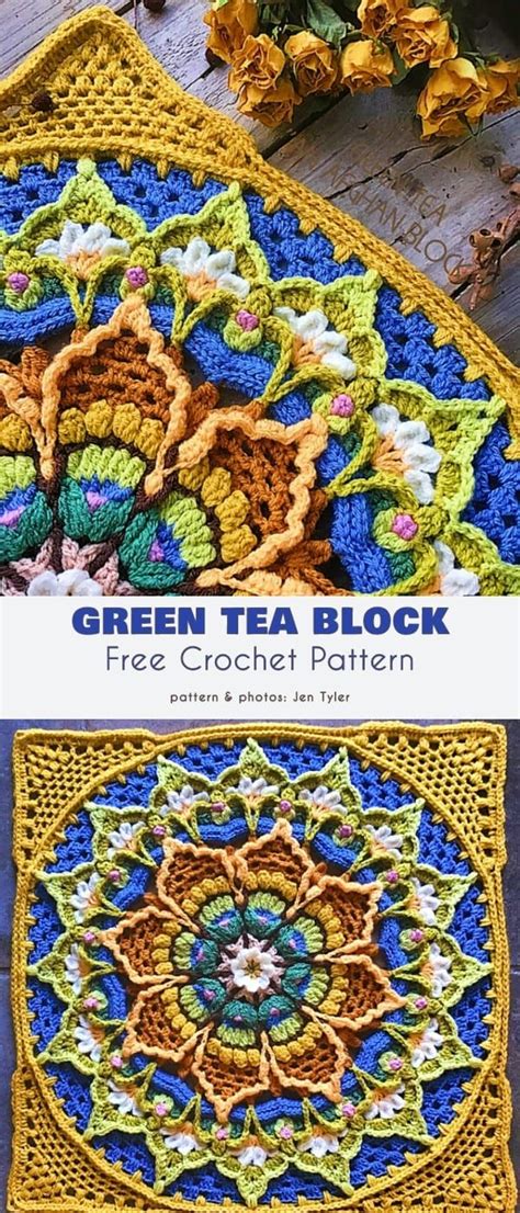 two crocheted rugs with flowers on them and the words green tea block ...