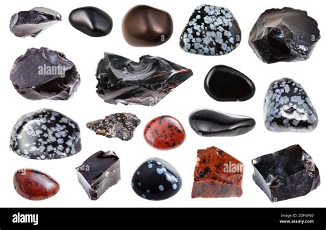 collage from various Obsidian (volcanic glass) natural mineral gem stones and samples of rock ...