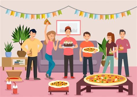 Grupo de dibujos animados de gente alegre comiendo pizza | Vector Premium