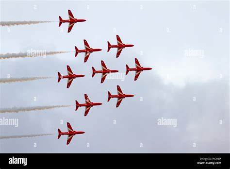 Red Arrows aviation display at Dunsfold Air Show in Surrey England in ...