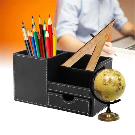 Wooden Leather Multifunction Desk Stationery Organizer Storage Box Pen ...