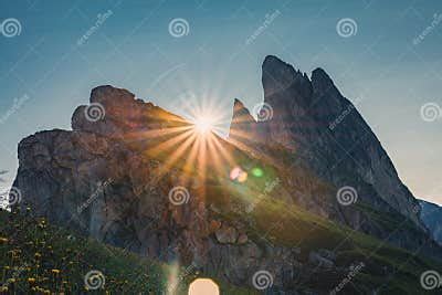 Beautiful View on Seceda Mountain on Sunrise with Sun Rays in Dolomites ...