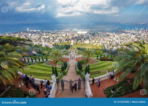 Majestic Bahai Gardens at Haifa. Aerial View on Gardens and Port and Mediterranean Sea Editorial ...