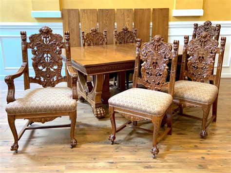 Antique Heavily Carved Oak Dining Set, Extending Dining Table and 6 ...