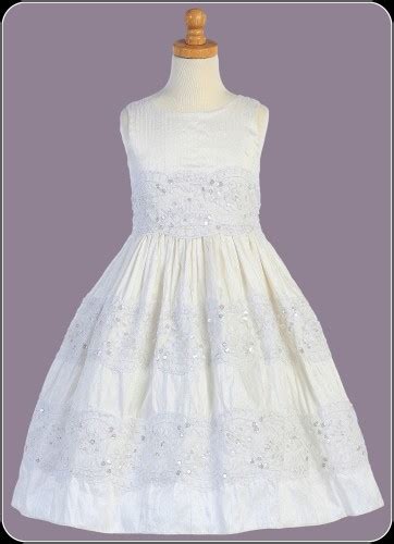 Antique White 100% Silk Dupioni Girls Communion Dress w. Wide Lace Trim