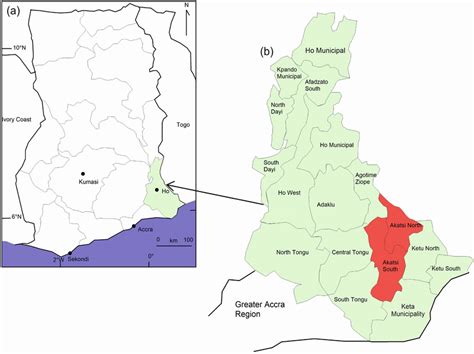 Map of a Ghana showing the Volta Region. b the Volta Region showing the ...