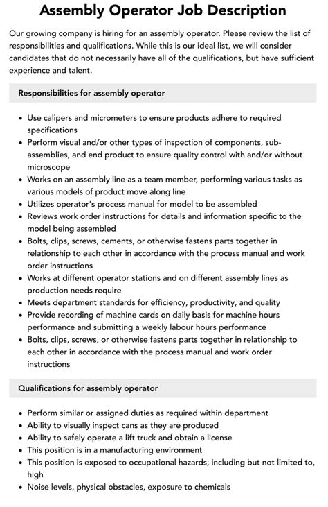 Assembly Operator Job Description | Velvet Jobs