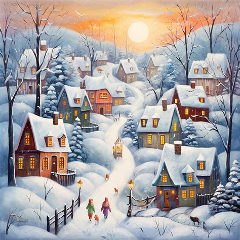 Premium AI Image | Winter village Beautiful winter landscape with houses Digital painting