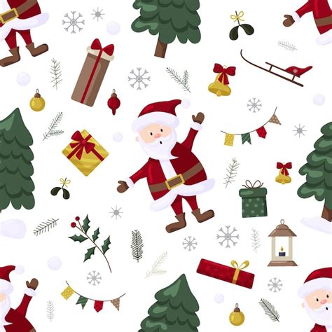 Premium Vector | Christmas seamles pattern with tree santa decoration gifts