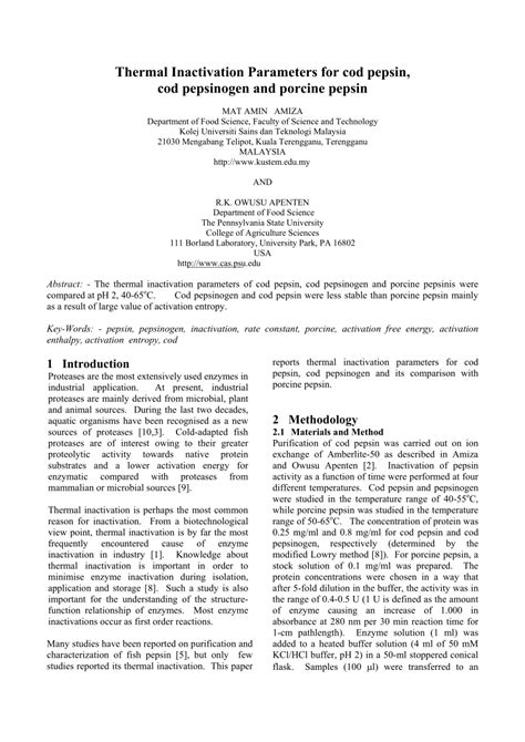 (PDF) Thermal Inactivation Parameters for cod pepsin, cod pepsinogen and porcine pepsin