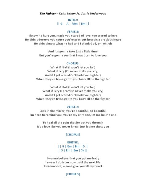 Keith Urban - The Fighter Chord Chart with Lyrics