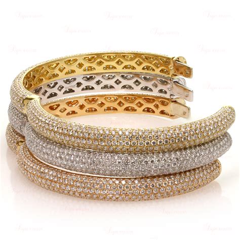 Modern 18k Tri-Gold Diamond Hinged Bangle Bracelets 3/Set-MT