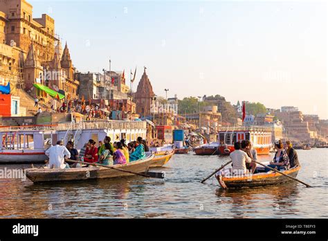 India, Varanasi, 27 Mar 2019 - A view of the ghats Ratneshwar Mahadev, Manikarnika Ghat and ...