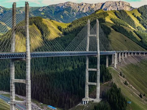 Wallpaper Xinjiang, bridge, Guozigou Bridge, mountains, trees, China 5120x2880 UHD 5K Picture, Image