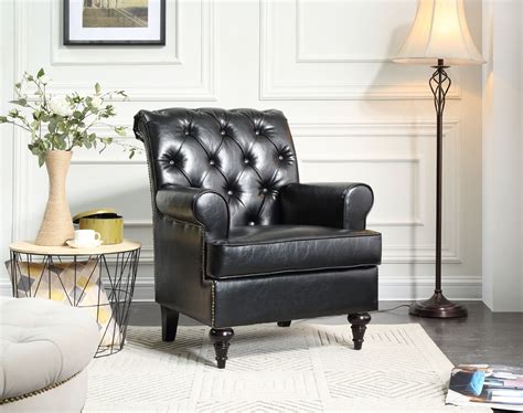 Tufted Scroll Arm Chesterfield Faux Leather Accent Chair, Living Room Armchair with Nailheads ...