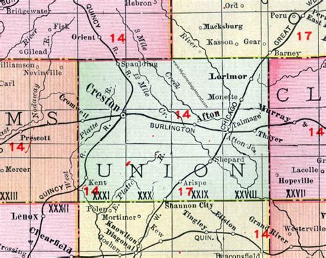 Union County, Iowa, 1911, Map, Creston, Afton, Lorimor, Arispe, Kent