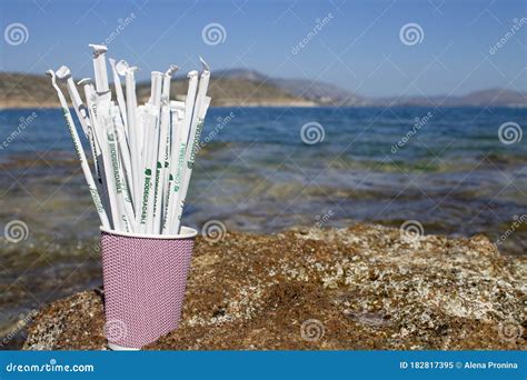 Paper Drinking Straws in Paper Cup Outside on Rocks Next To Sea Editorial Image - Image of ...