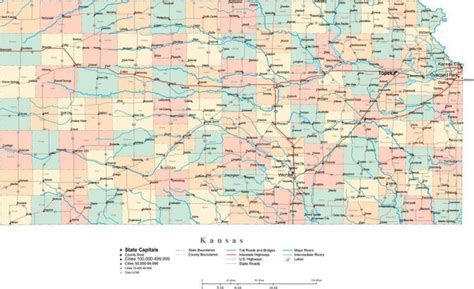 Kansas Digital Vector Map with Counties, Major Cities, Roads, Rivers & Lakes