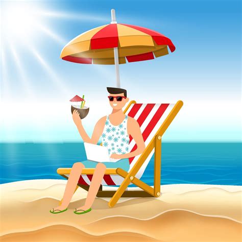 Illustration cartoon concept man relax on the beach. Vector illustrate ...