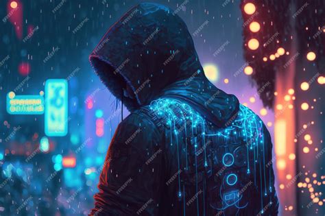 Premium Photo | Hacker in cyberpunk garb skulk under some blue Christmas lights artwork created ...