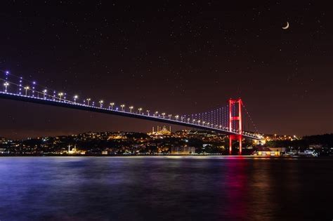 Premium Photo | Illuminated bosphorus bridge at night, istanbul, turkey.