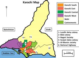 A map of Karachi city showing the six different locations in the study ...