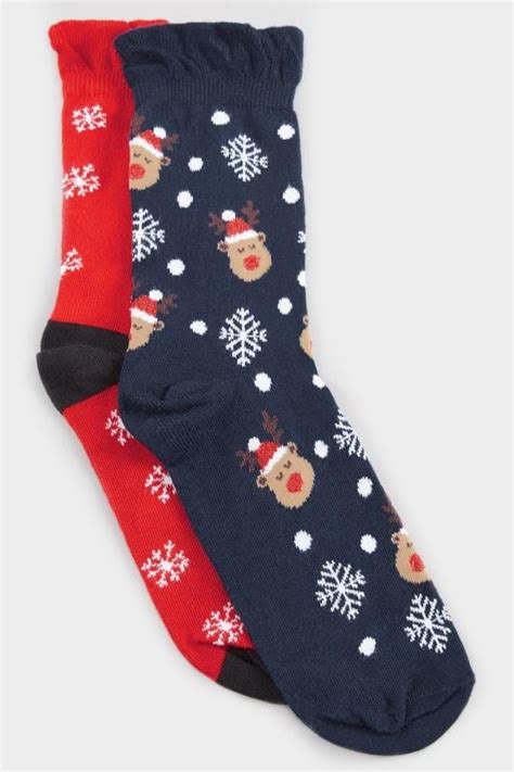 2 PACK Re & Navy Christmas Reindeer Gift Socks, Wide fit sizes 4 to 11 | Yours Clothing