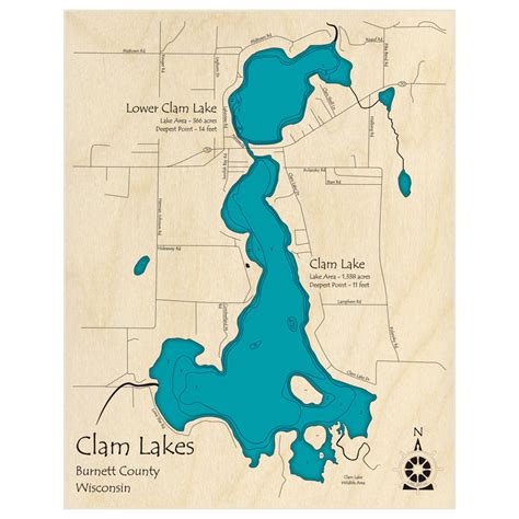 Clam Lakes 3D Custom Wood Map – Lake Art LLC