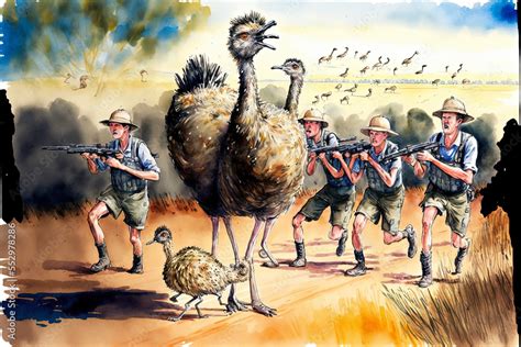 Illustration of the comedic Great Emu War: Soldiers attempting to herd ...