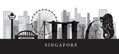 Singapore Landmarks Skyline in Black and White Silhouette | Stock ...