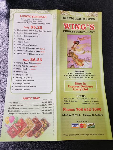 Menu at Wings Chinese Restaurant, Cicero