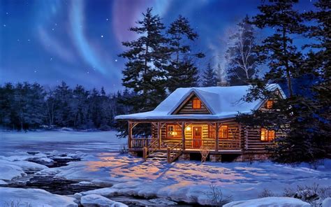 Download Star Dusk Tree Snow Cabin Artistic Winter Art