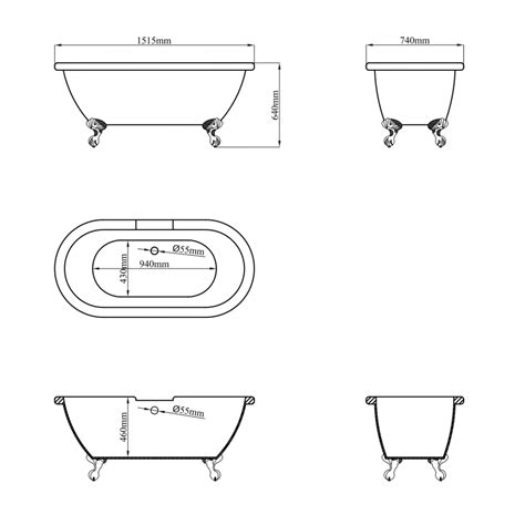 Freestanding Double Ended Roll Top Bath with Chrome Feet 1515 x 740mm - Park Royal - Furniture123