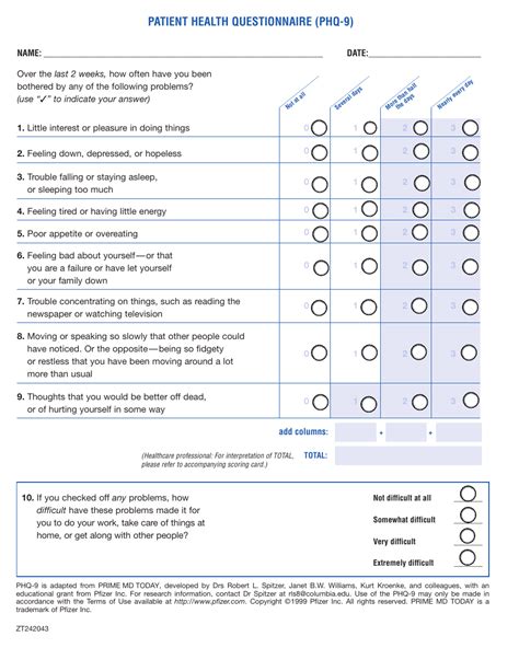 Patient Health Questionnaire (Phq-9) - Pfizer Download Fillable PDF | Templateroller