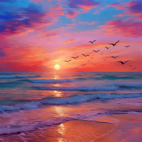 Premium AI Image | A painting of a sunset with birds flying over the ocean.