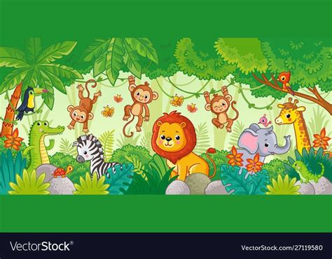 African animals in jungle cute cartoon Royalty Free Vector | Cute ...