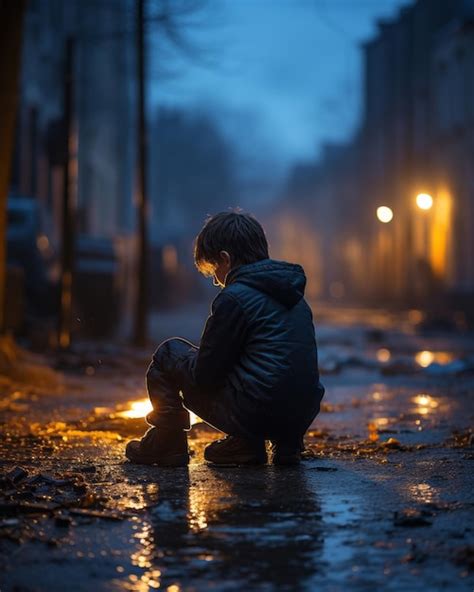 Premium AI Image | a young boy sitting on the ground in the rain at night