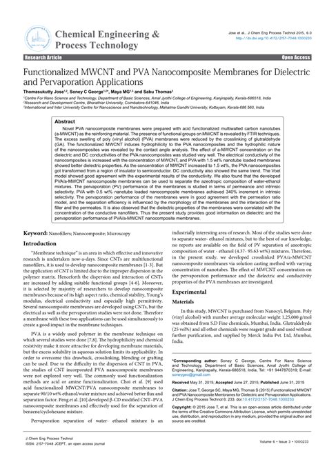 (PDF) Functionalized MWCNT and PVA Nanocomposite Membranes for Dielectric and Pervaporation ...