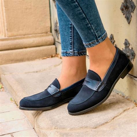 Custom Made Women's Loafer in Navy Blue Luxe Suede and Painted Calf ...